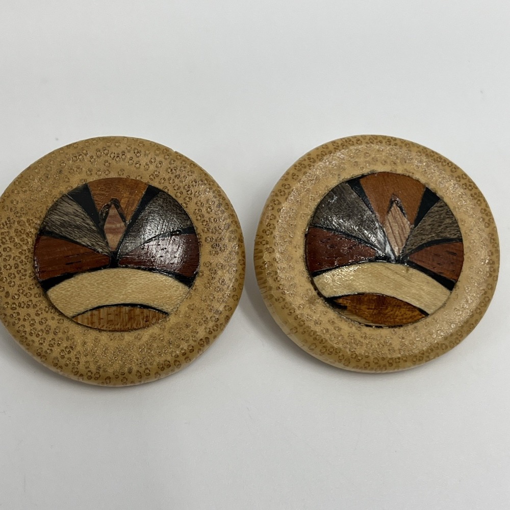 Large Wooden Button Hollow Statement Earrings Wood‎ Inlay Cloisonné 1.5"